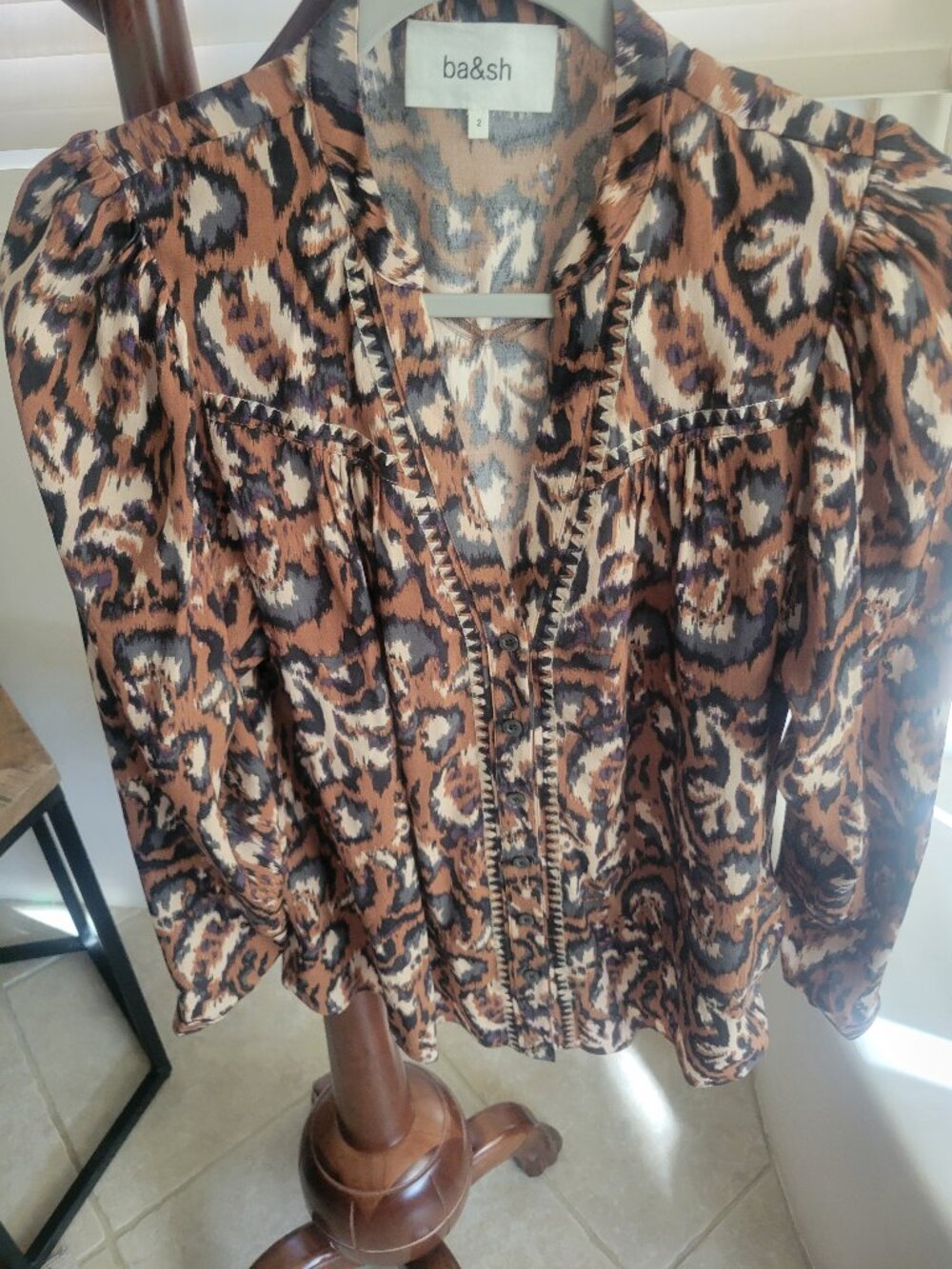 ba&sh Sisco Zebra Print Ruffle Blouse Brown Black Size 2/Medium
